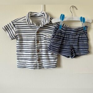 6-9M Unisex Easy Peasy 2 Piece Set Blue White Striped Terrycloth Set Button Up